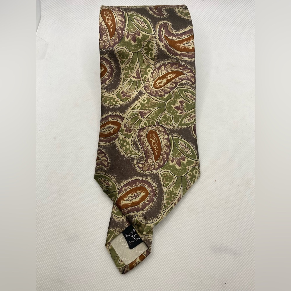 OSCAR De La RENTA Couture Mens Silk Necktie Green Orange Brown Paisley